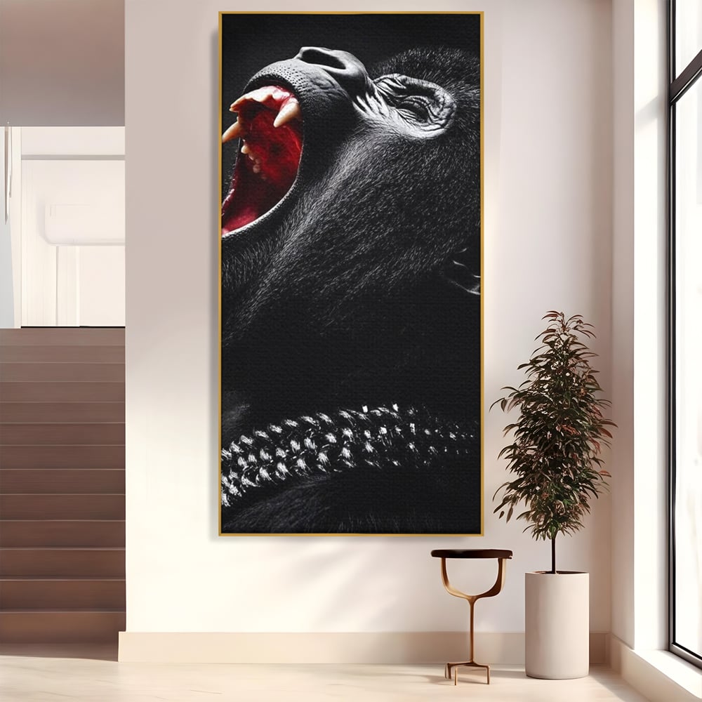 Tablou canvas cu tablou canvas cu gorila furioasa, in rama de aluminiu auriu